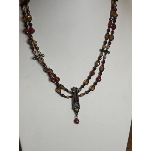 Vintage Multi-Strand Necklace With Red & Amber Beads Bronze Pendant & Chain Intr - Picture 8 of 10